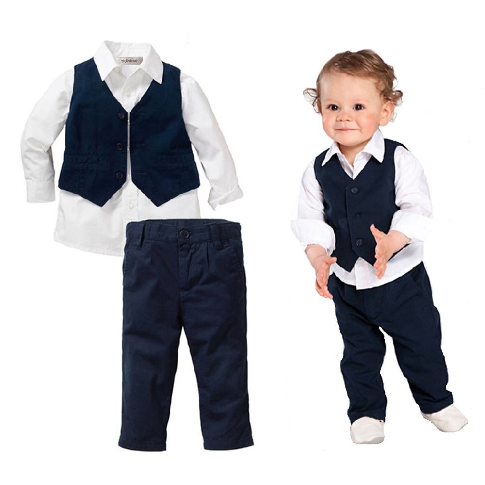 White Shirt, Navy Vest & Pants 3pcs Little Boy Formal Wear Outfit